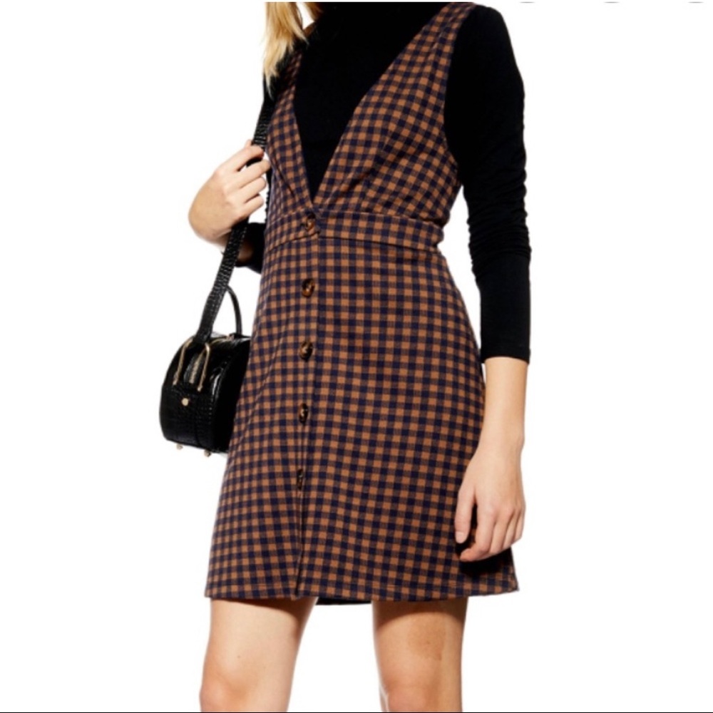 Brown/Navy Checkered Button Up Topshop Dress (Size 6)